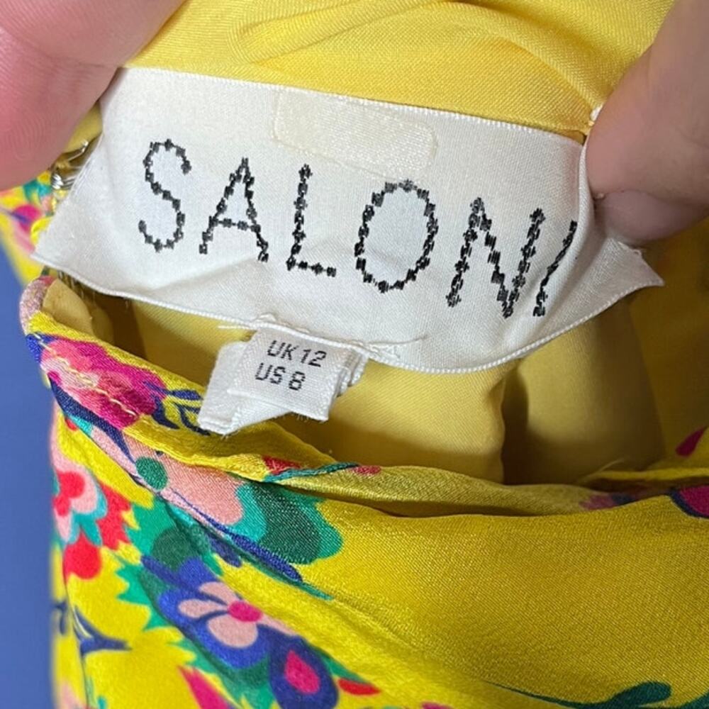 Saloni Holly Midi Dress Silk Crepe De Chine yellow floral flounce ruffle size 8 - Picture 6 of 7